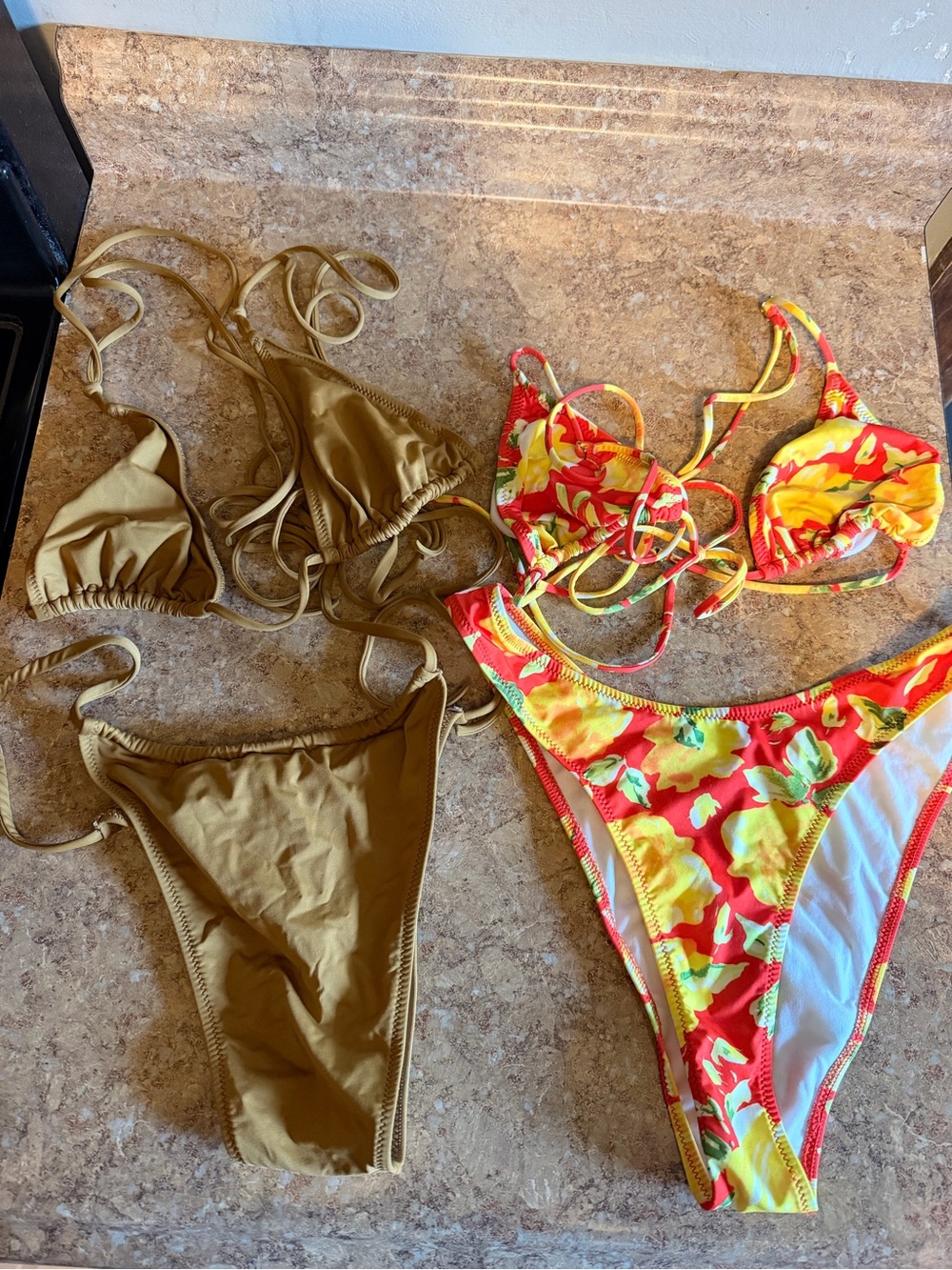 Heavy Manners Olive Solid & Yellow Red Floral Bikini Sets